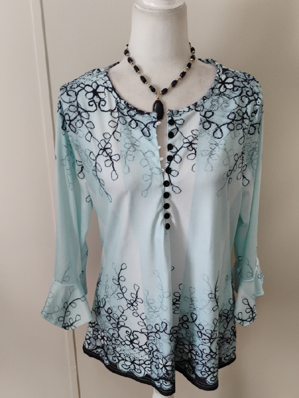 Women's Light Blue Printed Button-Front Blouse with Ruffle Cuffs